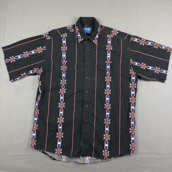 Vintage Wrangler Short Sleeve Pearl Snap Western Shirt Men's XL Black Aztec‎ - Picture 2 of 8